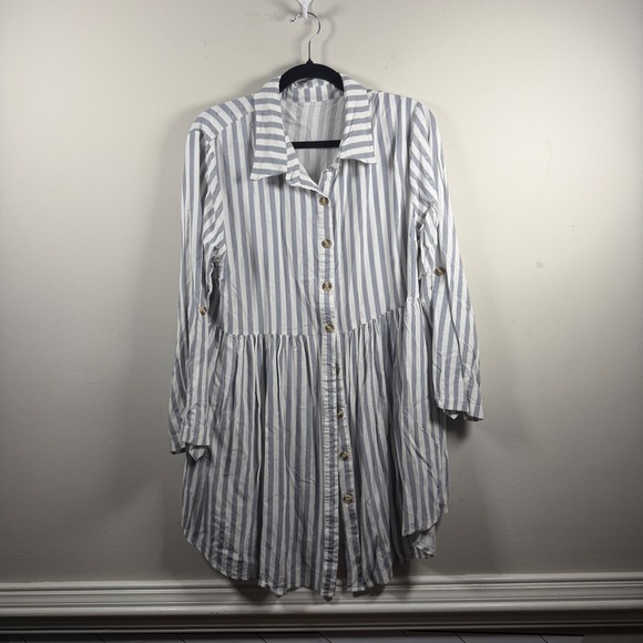 Shein Curve Tops - Shein Curve Striped Tunic Womens 1XL Blue White Modern Babydoll Button Down